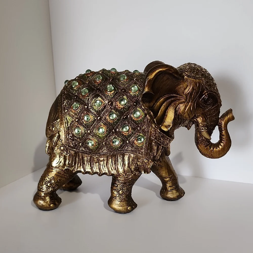 Trunk Up Gold Elephant Figurine with Green Accents